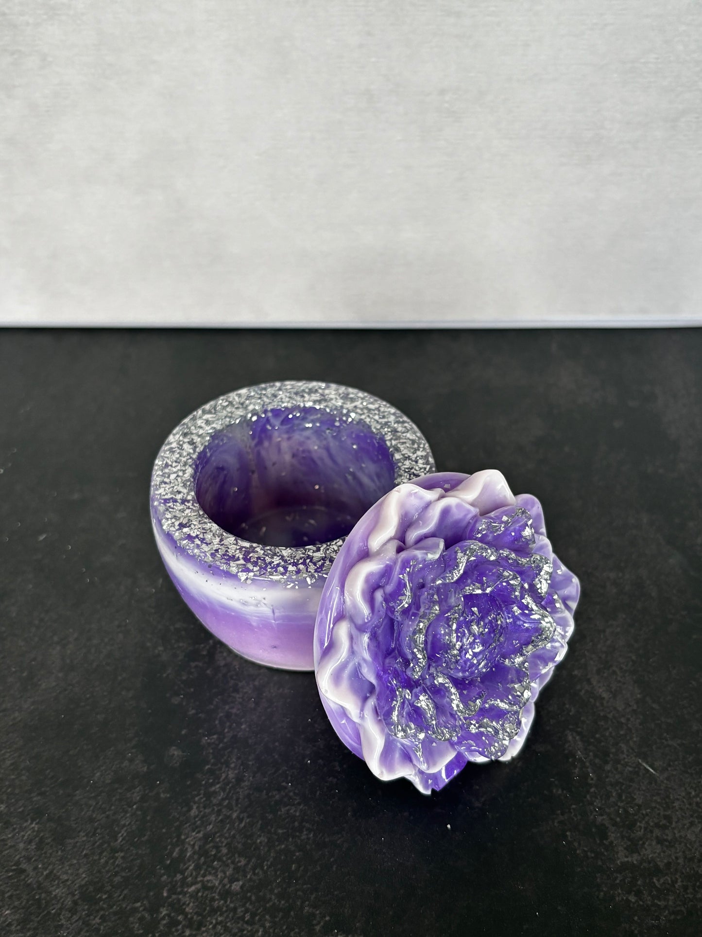 Lavender Silver Rose Bloom Trinket Box handcrafted floral keepsake box by Stillflow Creations
