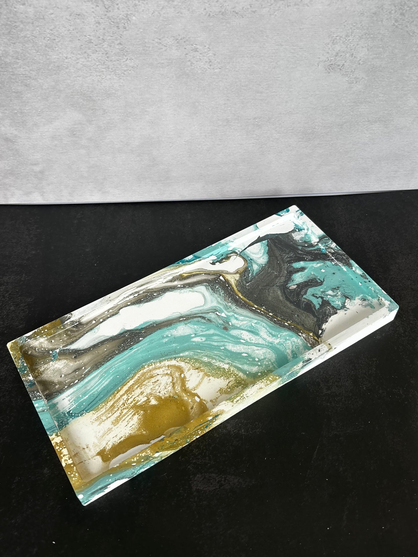 Coastal Gold Artisan Tray handcrafted resin catchall with coastal colours and gold accents by Stillflow Creations