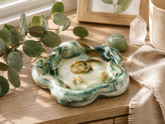 Handcrafted botanical green resin catchall dish with floral-inspired shape and marbled finish.