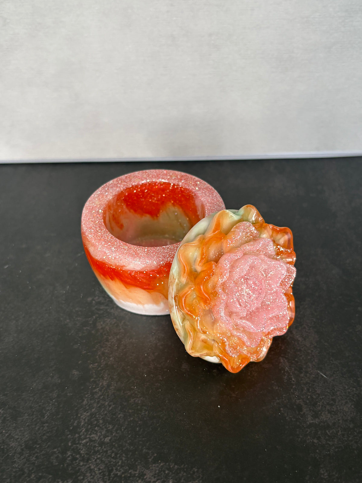 Sunset inspired Rose Bloom Trinket Box handcrafted floral keepsake box by Stillflow Creations