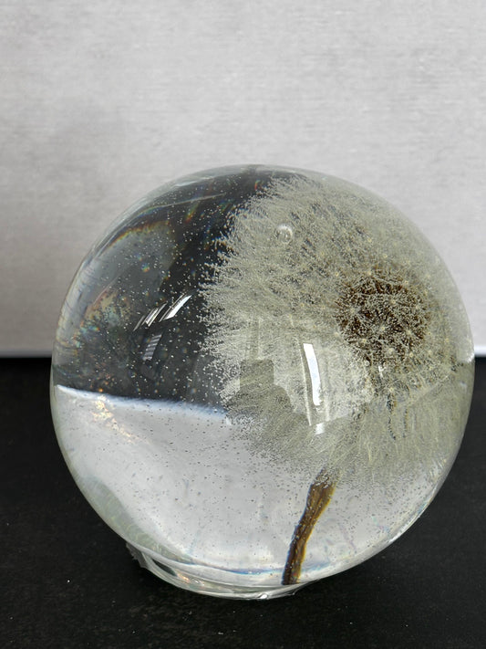 Handcrafted Dandelion Dream Orb featuring a real preserved dandelion seed head in crystal-clear resin by Stillflow Creations