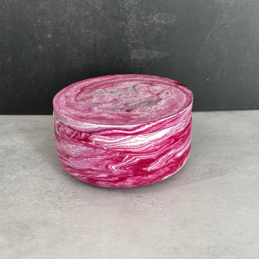 Handcrafted rose pink resin lidded trinket box with elegant marbled finish for jewelry and keepsakes.