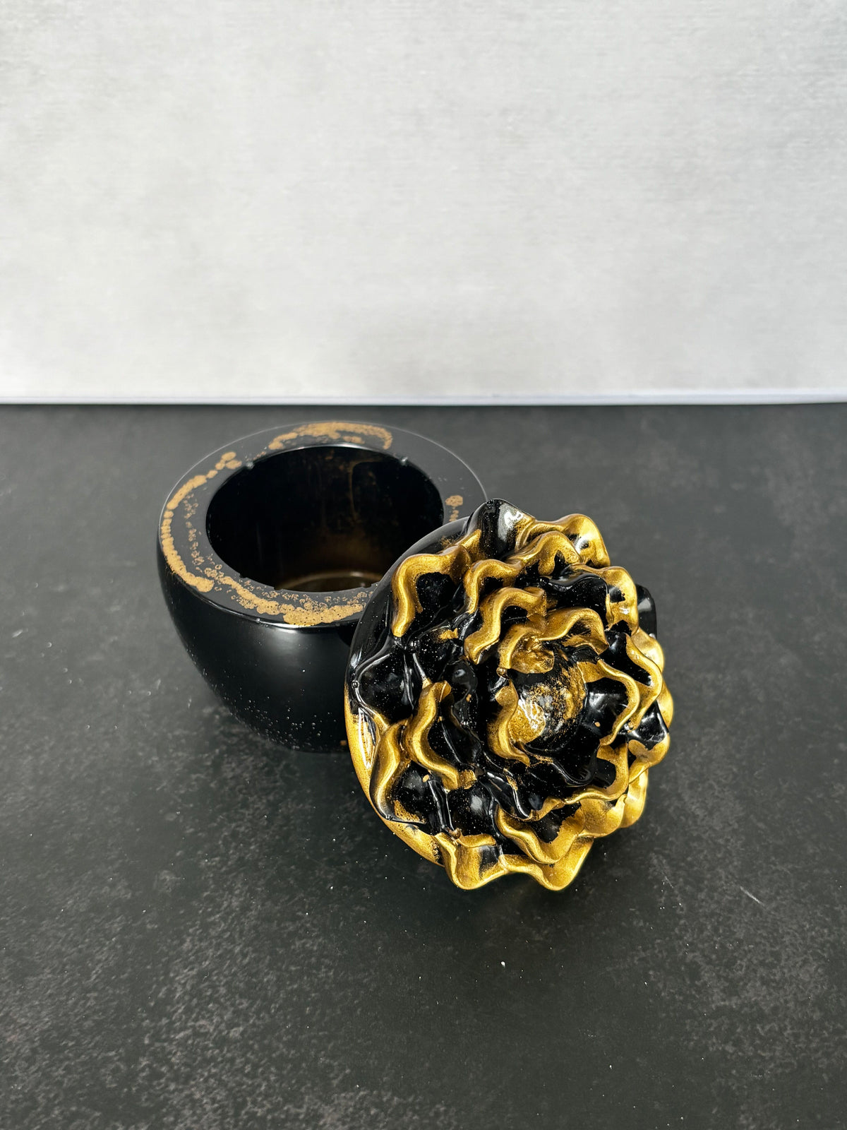 Black and Gold Rose Bloom Trinket Box handcrafted floral keepsake box by Stillflow Creations