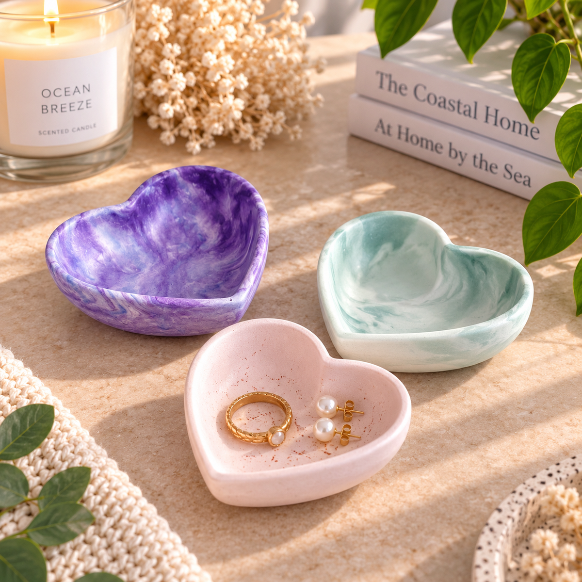 Three handmade hydrostone heart-shaped trinket dishes in purple marble, seafoam and blush, styled on a beige surface with a gold ring and pearl earrings in the blush dish.